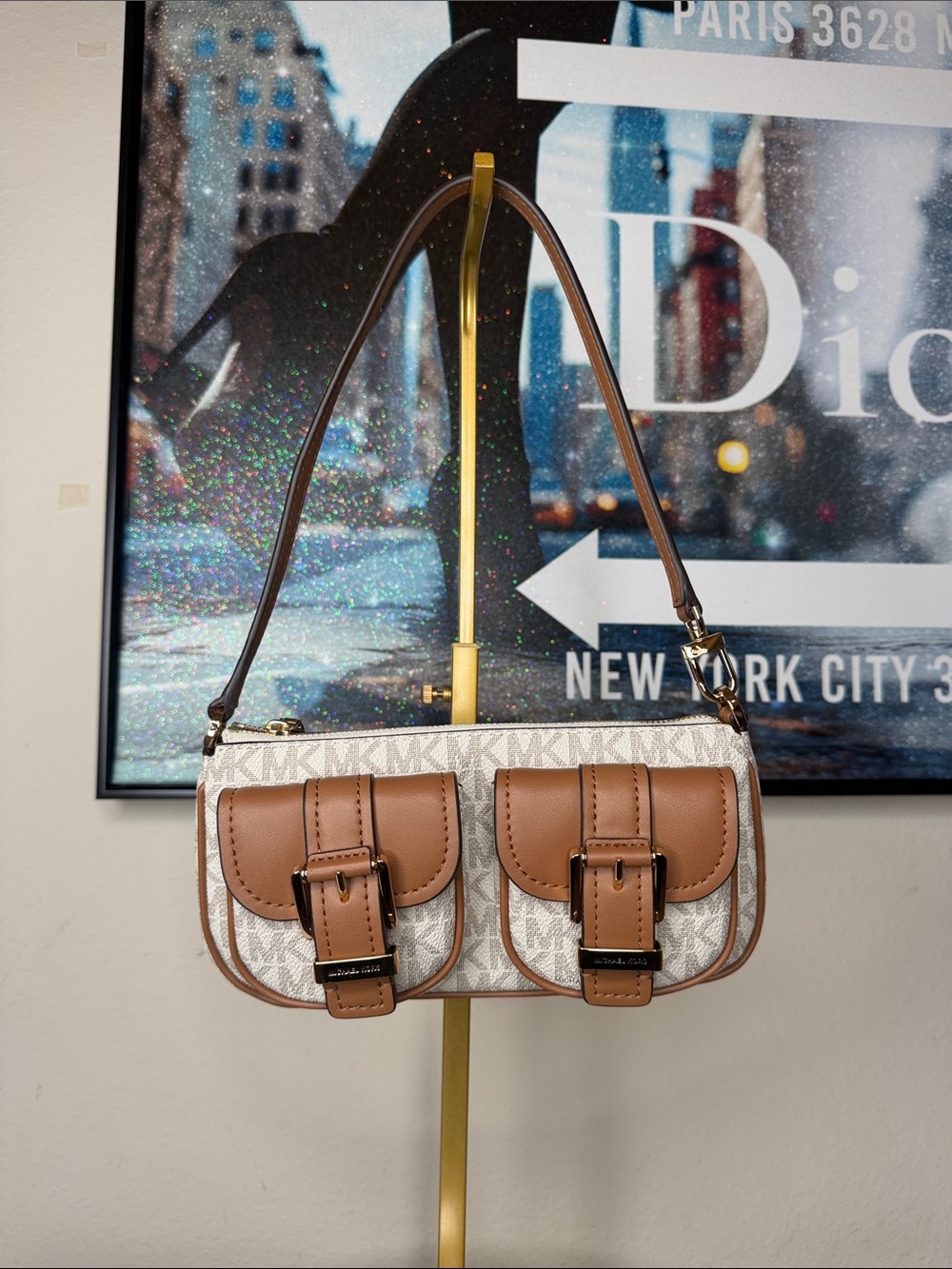 Michael Kors Cream Signature & Brown Leather Shoulder Bag